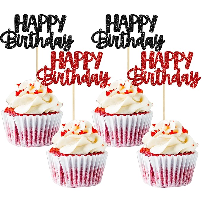 Gyufise 24Pcs Happy Birthday Cupcake Toppers Glitter Birthday Cupcake Food Picks for Celebrating Happy Halloween Theme Party Cake Decorations Supplies Black Red