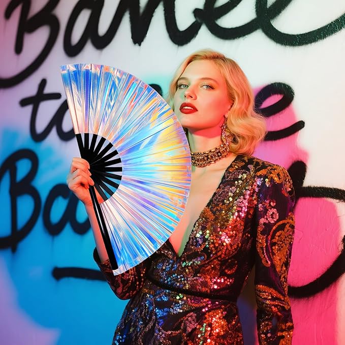 2pcs Rave Fans with Holsters 13 inches Large Folding Fan for Line Dancing Holographic Laser Clacks Fan Popping Fans for Music Festival Outfits Party Club Home Decoration