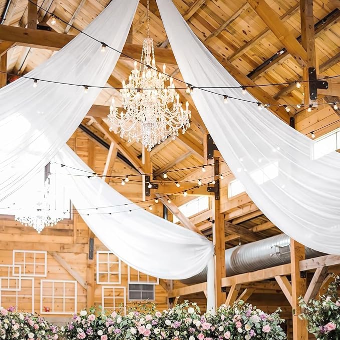 4 Panels White Ceiling Drapes for Wedding 5ftx20ft Chiffon Fabric Arch Draping Curtains for Party Ceremony Birthday Baby Shower Reception Stage Ceiling Decorations
