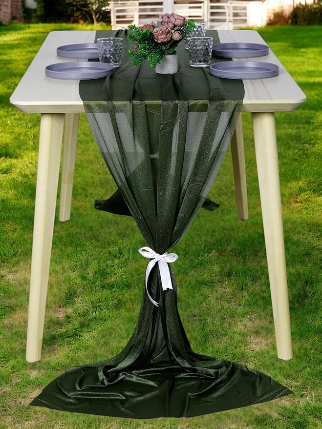 MDS 25 Pack 10ft Chiffon Table Runner 29 x 120 Inches Sheer Wedding Runner Romantic Rustic Table Runner for Wedding Decorations, Birthday Parties, Bridal Shower Party Arch Decor - Olive Green
