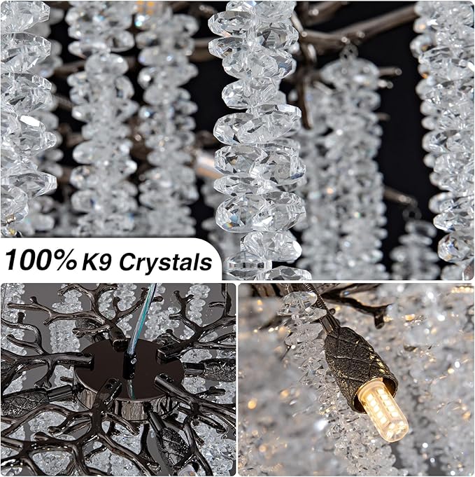 YUYI Modern Crystal Chandeliers for Dining Room,Black Tree Branches Chandelier Lighting,Round Luxury High Ceiling Chandelier Light Fixture Hanging Pendant Light Fixtures