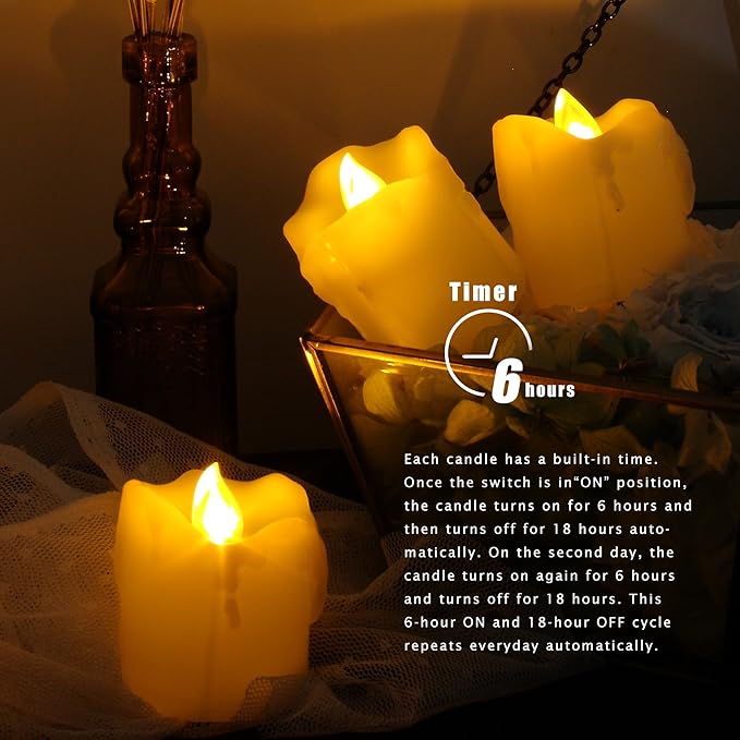 CANDLE CHOICE Battery Operated Flameless Votive Candles with Timer Flickering Fake Electric LED Tea Lights Set Wedding Party Holiday Decorations Table Centerpiece Long Lasting Batteries Included 6 PCS