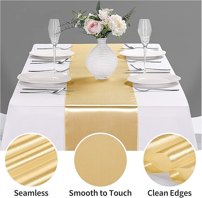 5-Pack Satin Table Runner Light Gold 12 x 108 inches Long, Table Runners for Wedding, Birthday Parties, Banquets Decorations（5 Pack, 12x108 Inch, Light Gold）