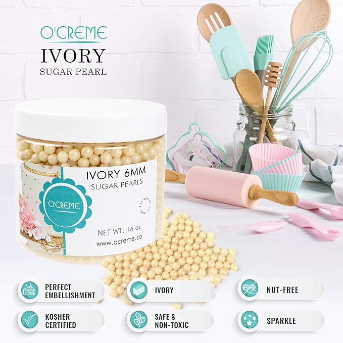 O'Creme Ivory Edible Sugar Pearls Cake Decorating Supplies for Bakers: Cookie, Cupcake & Icing Toppings, Beads Sprinkles For Baking, Certified, Candy Sugar Ball Accents (6mm, 16 Oz)