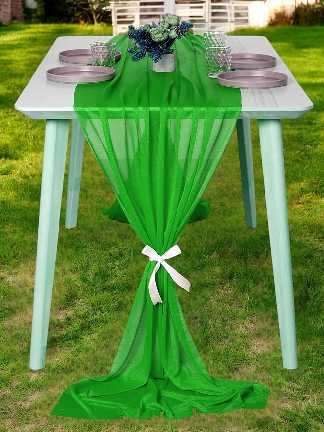 MDS 25 Pack 10ft Chiffon Table Runner 29 x 120 Inches Sheer Wedding Runner Romantic Rustic Table Runner for Wedding Decorations, Birthday Parties, Bridal Shower Party Arch Decor - Green