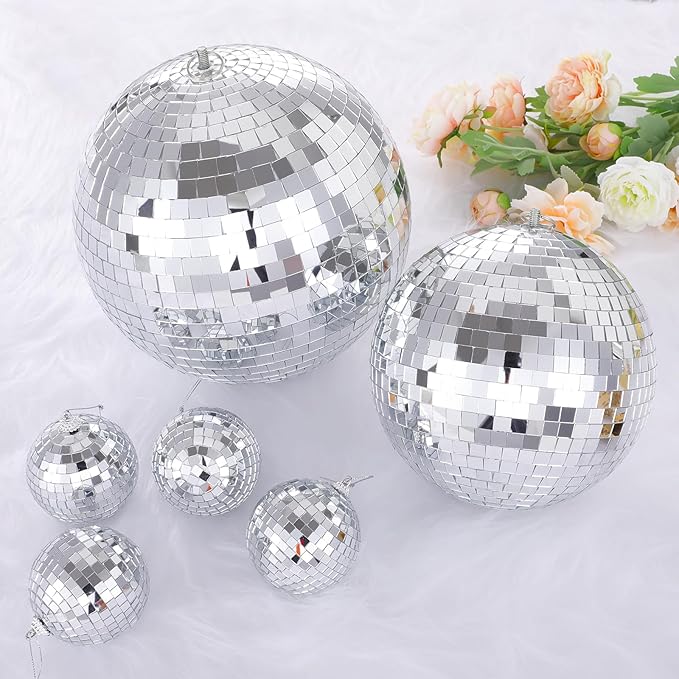 Large Mirror Disco Ball Bright Hanging Disco Ball: 6 Pcs Silver Reflective Mirror Ball - Disco Party 70s Ballroom Dance Music Festivals Decoration (10'', 8'', 3.2'')