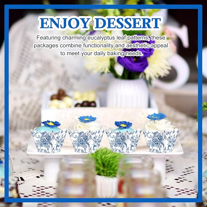 Domensi 100 Pcs Blue Floral Cupcake Wrappers Rustic Cupcake Liners Baking Cups Baking Liners for Wedding Bridal Baby Shower Birthday Party Supplies Dessert Decoration, Blue
