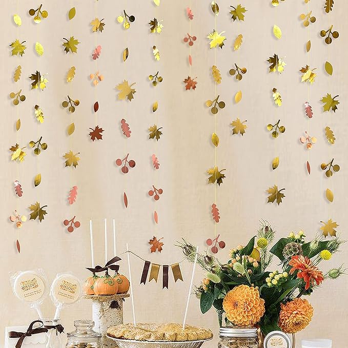 52Ft Fall Party Decorations Maple Leaf Garland Streamer Champagne Rose Gold Gradient Autumn Leaves Paper Banner for Thanksgiving Harvest Birthday Wedding Bridal Shower Engagement Party Decor