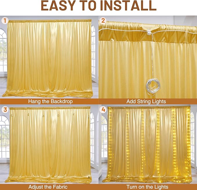 PartyVillage 10x10FT Gold Sequin Backdrop Curtain with String Lights – 2 Panels 5x10FT Sparkly Wrinkle-Free Glitter Backdrop Drapes for Birthday, Wedding, Photography, Graduation Party Décor