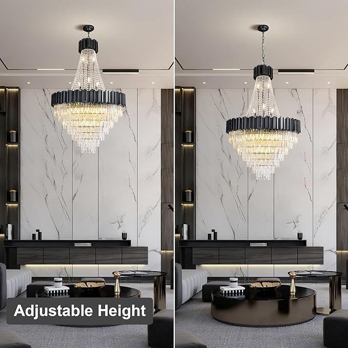 54" Luxury Long Crystal Chandelier for High Ceilings, 21-Light Modern Black Large Chandeliers for Staircase, Foyer, Entryway, Living Room, Hallway, Contemporary K9 Crystal Tiered Chandelier