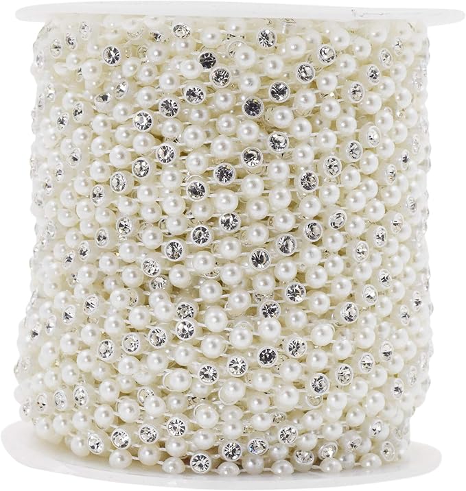 Mandala Crafts 0.5 Inch Crystal Faux White Pearl Beads Roll - 10 Yards Strand of Rhinestones Fake Pearls Chain Garlands Spool String for Christmas Tree, Wedding, Party, Vases, DIY Decoration