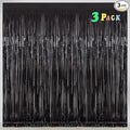 Foil Fringe Curtains Halloween Decor Party Decorations - Melsan 3 Pack 3.2 x 8.2 ft Tinsel Curtain Party Photo Backdrop for Birthday Party Baby Shower or Graduation Decorations (Pure Black)