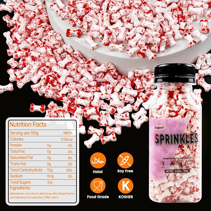 Halloween Sprinkles, Bloody Dog Bones Candy, Halloween Candy, Edible Sprinkles for Cake Decorating, Cupcake Decoration, Cupcake Toppings, Cookie, Ice Cream, 180g/ 6.35oz