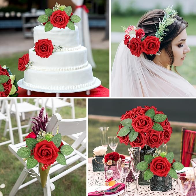 AmyHomie Artificial Flowers Red Rose 50pcs Real Looking Fake Roses w/Stem for DIY Wedding Bouquets Centerpieces Arrangements Party Baby Shower Home Decorations