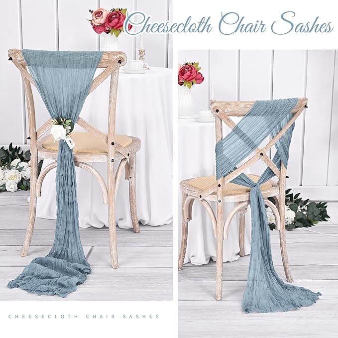 36 Pcs Dusty Blue Cheesecloth Chair Sashes, 16 x 108 inch Gauze Fabric Washable Chair Sashes Bows Designed for Aisle Decorations Universal Chair Cover Decor for Wedding Reception Party Banquet