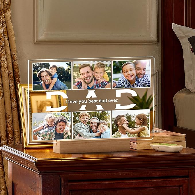 Personalized Birthday Gifts for Dad from Daughter Son, Custom Picture Frames with Photos, Customized Photo Frame with Night Light, Personalized Photo Gifts for Dad Baby Kid Family