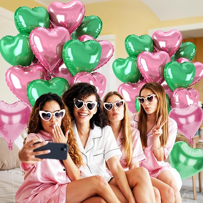 12 Pcs Heart Balloons, 18 inch Pink Green Heart Shaped Balloon, Big Helium Foil Pink Green Balloons for Wedding Baby Shower Anniversary Backdrop Valentine Witch Theme Party Decorations