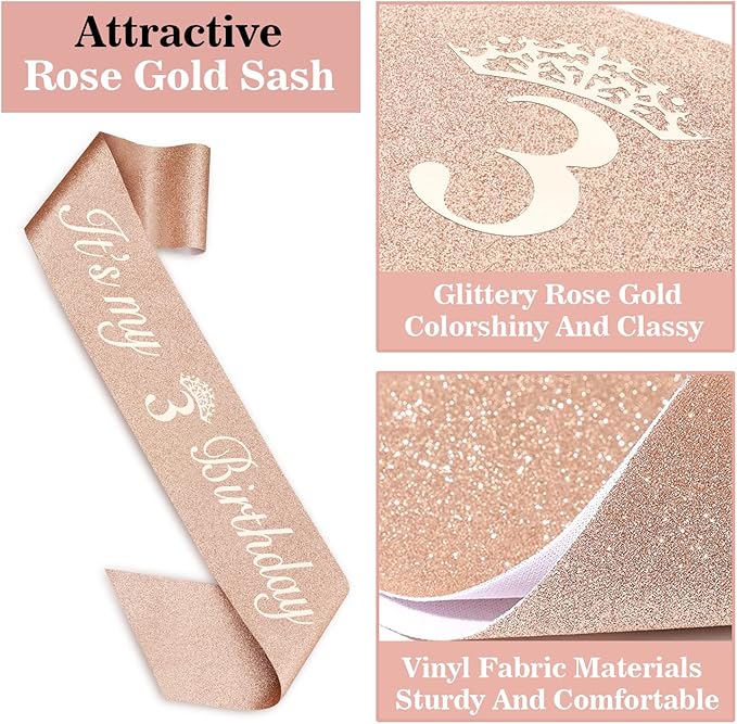 3rd Birthday Decorations for Girls, Including Sash, Crown/Tiara, Candles, Cake Toppers, 3rd Birthday Gifts for Girls