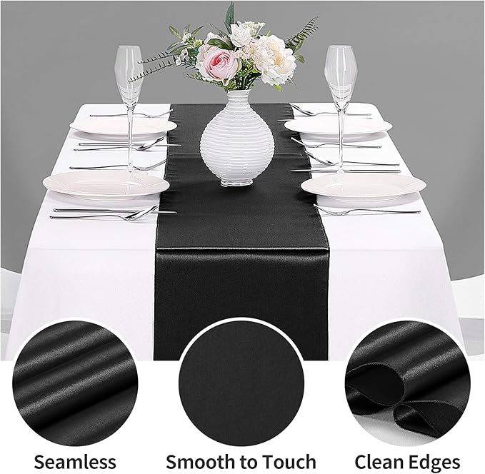 5-Pack Satin Table Runner Black 12 x 108 inches Long, Table Runners for Wedding, Birthday Parties, Banquets Decorations（5 Pack, 12x108 Inch, Black）