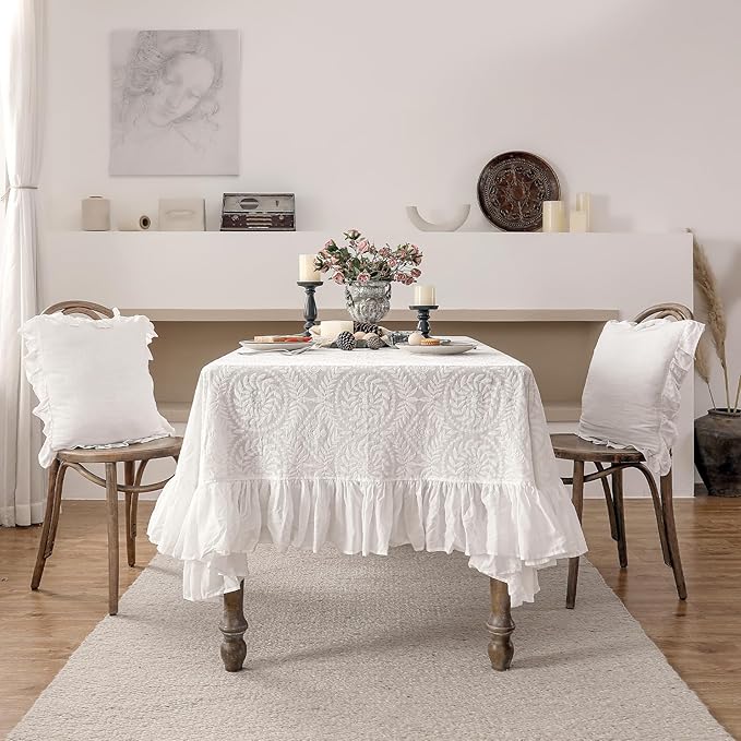 patdrea Vintage Ruffle Tablecloth for Rectangle Tables,Farmhouse Embroidered Cotton White Lace Table Cloth Cover Decor for Dining Room Wedding Banquet Thanksgiving Christmas,59"*91"
