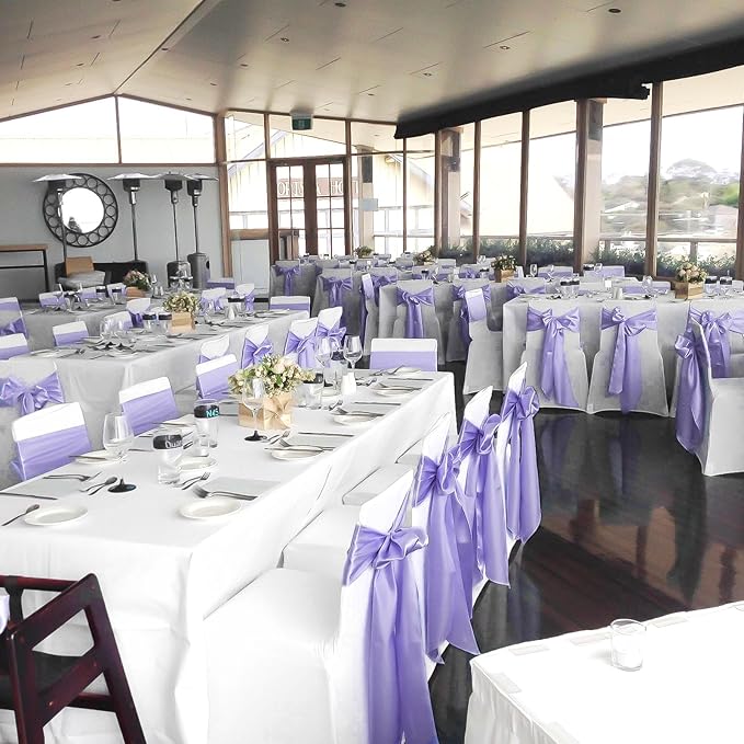 fani 60 PCS Lavender Purple Satin Chair Sashes Bows Universal Chair Cover for Wedding Reception Restaurant Event Decoration Banquet,Party,Hotel Event Decorations (7 x 108 inch)