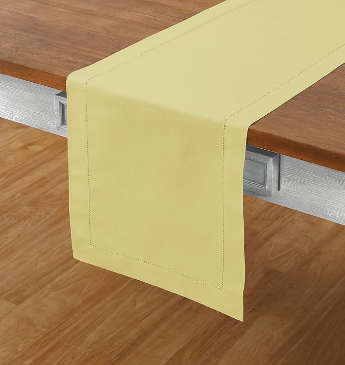 Solino Home Cotton Linen Yellow Table Runner 120 Inches Long - Hemstitch 14 x 120 Inch Table Runner
