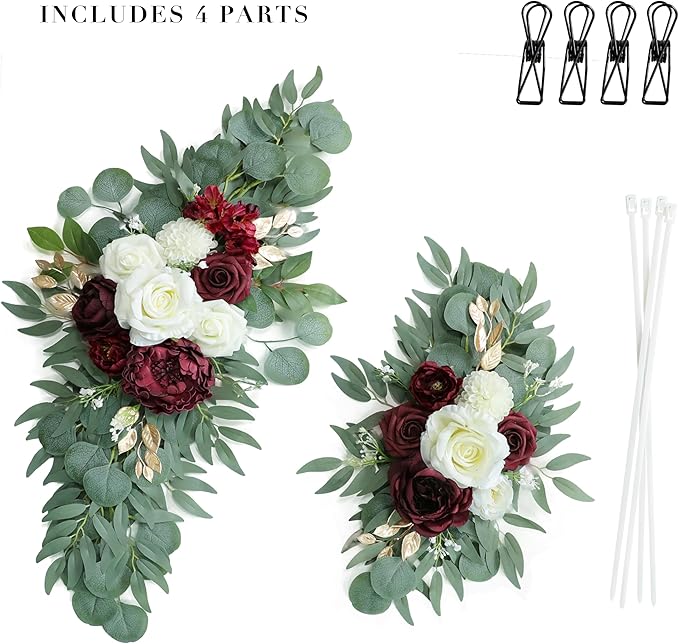 Artificial Burgundy Wedding Arch Flower Swags Set of 2 for Welcome Signs, Reception and Ceremony Decorations - Ivory Floral Decor