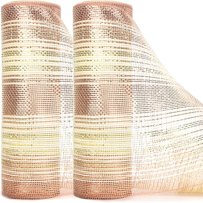 Ribbli 2 Rolls Rose Gold Metallic Mesh Ribbon 10 inch x 30 feet(10Yard), Ivory with Rose Gold Foil and Ivory Thread,Christmas Ribbon for Wreath Swags Wedding Garland and Christmas Tree