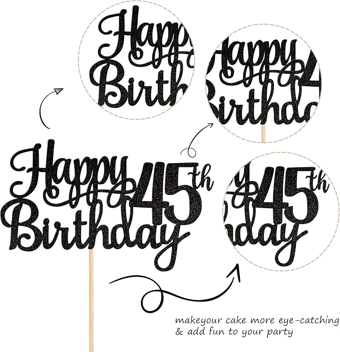 1 PCS Happy 45th Birthday Cake Topper Glitter Cheers to 45 Years Birthday Cake Pick 45 Fabulous Cake Decoration for Happy 45th Birthday Theme Party Decorations Supplies Black