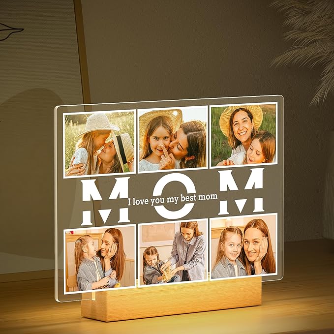 Personalized Birthday Gifts for Mom from Daughter Son, Custom Collage Picture Frames with Photos, Customized MOM Photo Frame with Night Light, Personalized Gifts for Mom Kids Baby Family