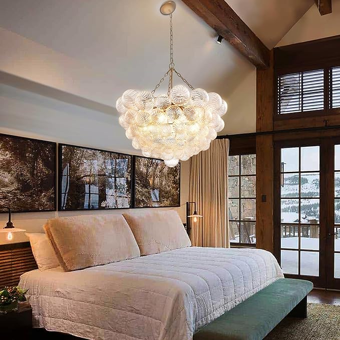 Nordic Bubble Ball Swirled Glass Chandelier, Diam 31" Gild Gold and Clear Modern Hand Blown Glass Pendant Light Fixture for Dining Room, Bedroom, Study, Restaurant, Hallway