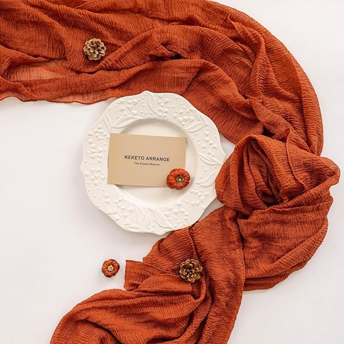 Keketo Fall Thanksgiving Table Runner Terracotta Rust Gauze 120 Inch 10 FT Rustic Burnt Orange Sheer Cheese Cloth for Bridal Shower Friendsgiving Party Centerpiece Decor Fall Decorations for Home
