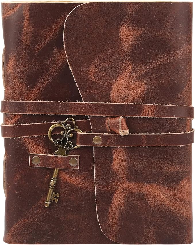 Leather Journal with Lined and Unlined Deckle Edge Paper 8x6 inch and Vintage Key | Handmade Writing Notebook Diary | Bound Daily Notepad for Men & Women Medium, Sketch/Writing pad for Artists