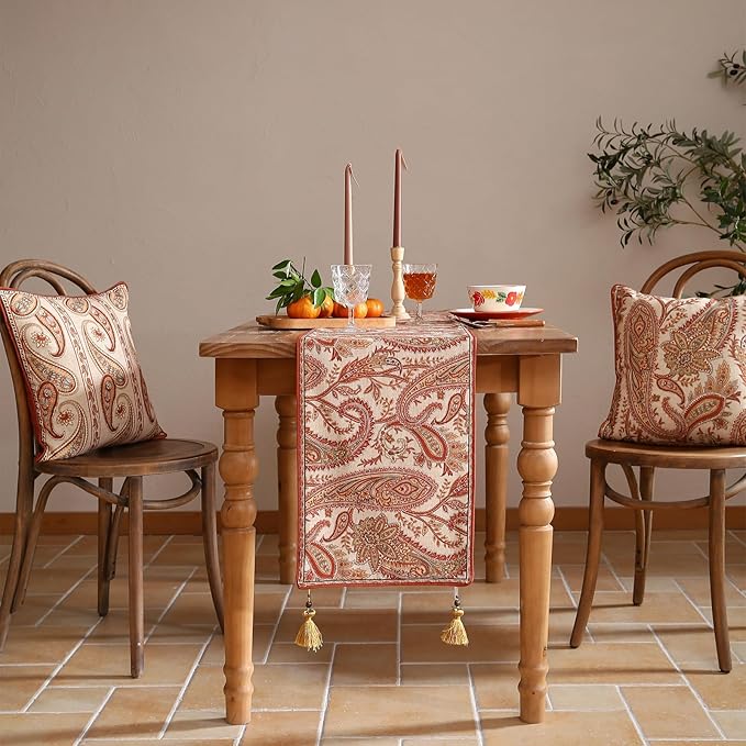 ISAENNE Designer Elegant Red Linen Table Runner 71 Inches Long,Vintage Paisley Pattern Durable Table Runners for Dining Tables,Thanksgiving,Kitchen Tables,Christmas,12"*71"-Chauffrey A