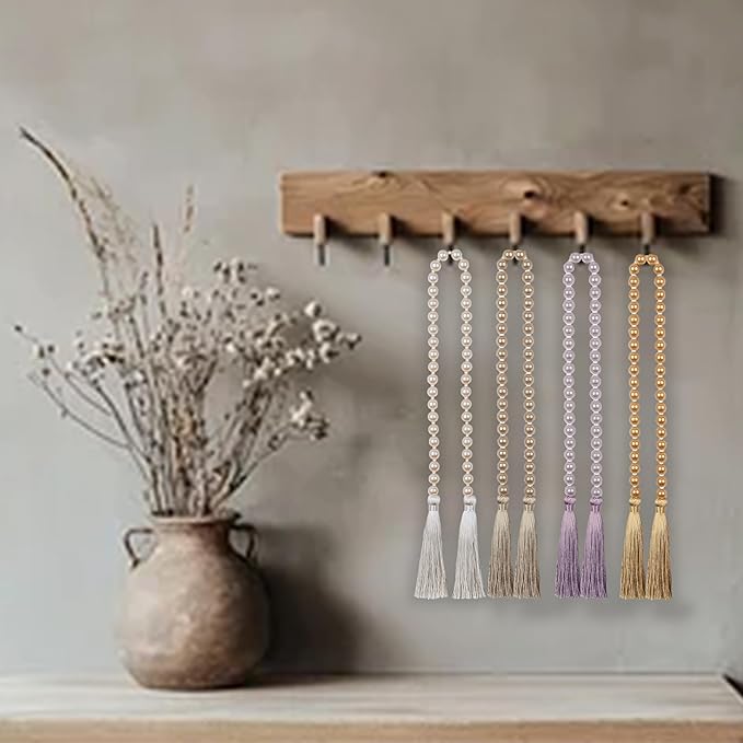Fenghuangwu 34 Inch Pearl Glass Bead Garland with Tassels - Elegant Boho Table Decor, Fringe Wall Hanging for Wedding, Party, Farmhouse Rustic Prayer Bead Home Decoration(1 Pack,Champagne Gold)