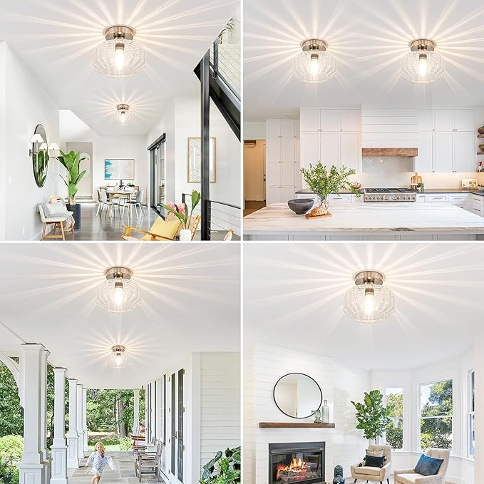 Brushed Nickel Semi Flush Mount Ceiling Light Fixture with Textured Glass & Included 1200 Lumens LED Bulbs, Modern Hallway & Bathroom Light for Entryway, Kitchen, Laundry Room