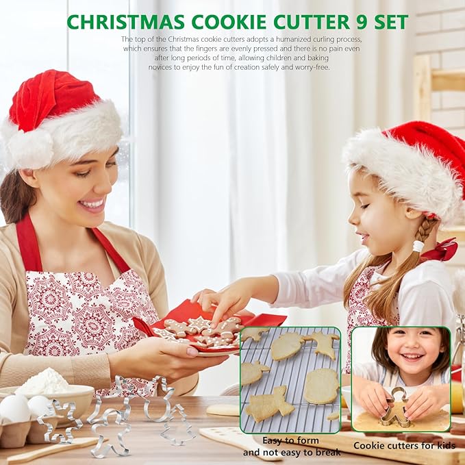 Christmas Cookie Cutters Set- 9 Piece Stainless Steel Winter Holiday Metal Shapes-Christmas tree, Snowman, Candy Cane, Bells, Snowflakes, Gingerbread Man, Reindeer, Socks,Santa Face Shapes
