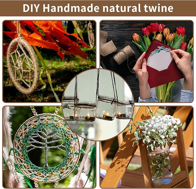 Natural 3mm Jute Twine String, 328-FT Hemp Rope Heavy Duty for Gardening, Handmde DIY Crafts Artworks, Climbing Plant Support, Picture Hanger, Gift Presents Wrapping, Packing and Bundling, Home Décor