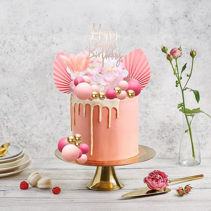 Gyufise 29Pcs Rose Red Artificial Flower Cake Decorations Acrylic Happy Birthday Cake Topper Balloon Cake Toppers Palm Fan Cake Picks for DIY Wedding Birthday Valentine's Day Party Supplies