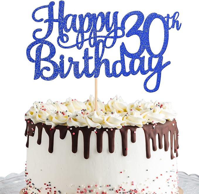 1 PCS Happy 30th Birthday Cake Topper Glitter Cheers to 30 Years Birthday Cake Pick 30 Fabulous Cake Decoration for Happy 30th Birthday Anniversary Party Decorations Supplies Blue