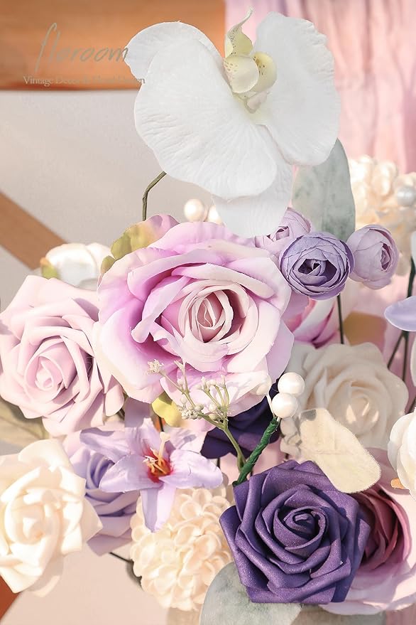 Floroom Lilac Lavender Purple Cream Artificial Flowers Fake Roses Dahlias and Greenery Combo Box Set for DIY Wedding Bouquets Bridal Shower Centerpieces Floral Arrangements Party Tables Decorations