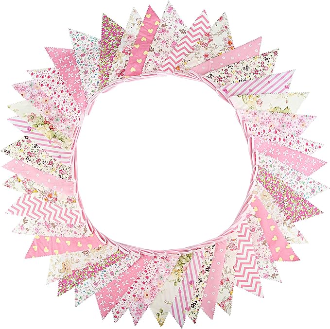 jijAcraft 39Ft Triangle Bunting Banner, 42Pcs Tea Floral Party Bunting Cotton Fabric Flags Pennant Garlands for Birthday Party, Wedding, Baby Shower, Outdoor and Home Decorations (Pink)