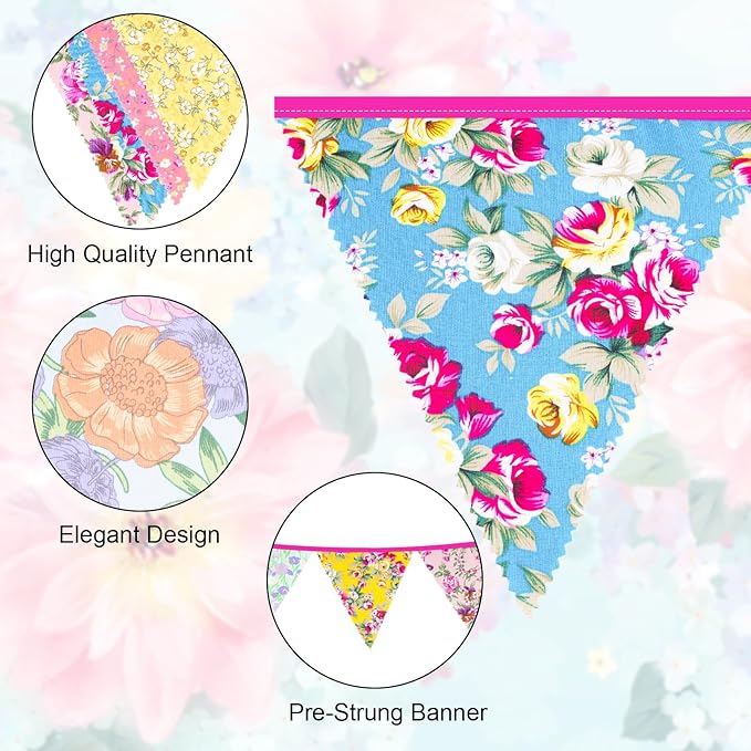 jijAcraft 39Ft Triangle Bunting Banner, 42Pcs Tea Floral Party Bunting Cotton Fabric Flags Pennant Garlands for Birthday Party, Wedding, Baby Shower, Outdoor and Home Decorations (Floral)