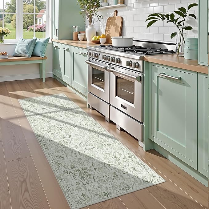 Sage Green 2x6 Runner Rug for Hallways Bed Side Kitchen, Boho Washable Distressed Low-Pile Floor Entryway Long Bathroom Mat, Non-Slip Laundry Room Washstand Front Carpet Green 24x72 Inch
