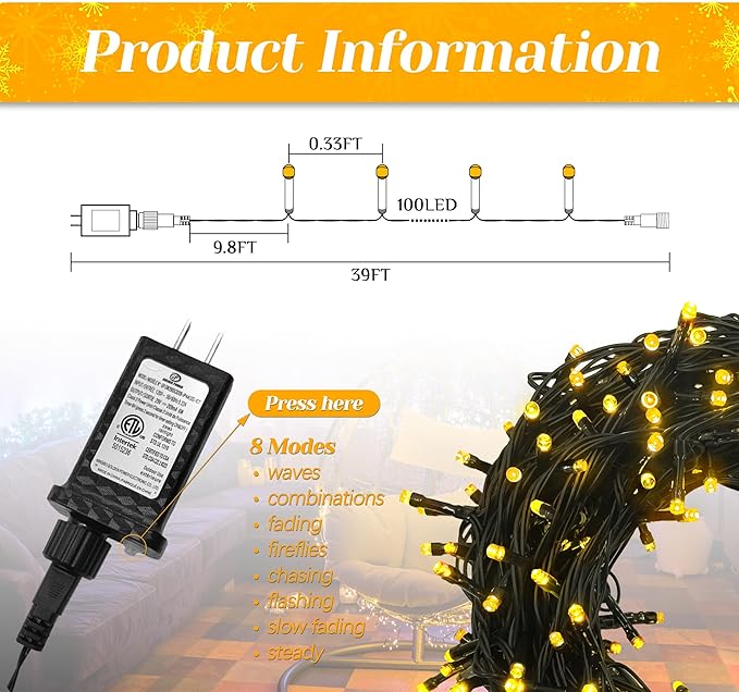 200 LED Christmas String Lights, 72FT Indoor Lights Plug-in with 8 Modes & Timer & Memory Function, Waterproof Christmas Lights Outdoor for Holiday Party Christmas Tree Decor