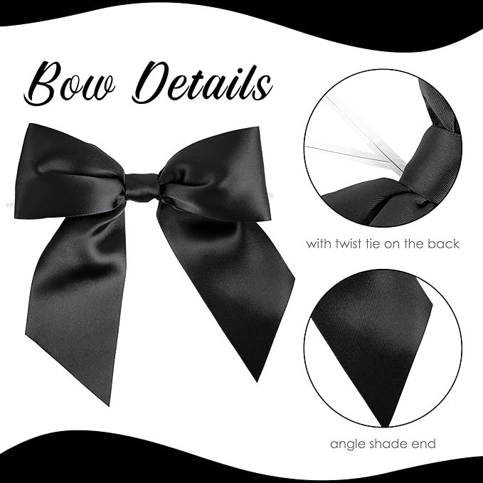 AIMUDI Black Satin Bows 5.5" Bows for Gift Wrapping Satin Twist Tie Bow Premade Ribbon Bow for Treat Bags Invitations Baskets Wreaths Crafts Wedding Birthday Party Baby Shower Decorations, 24 PCs