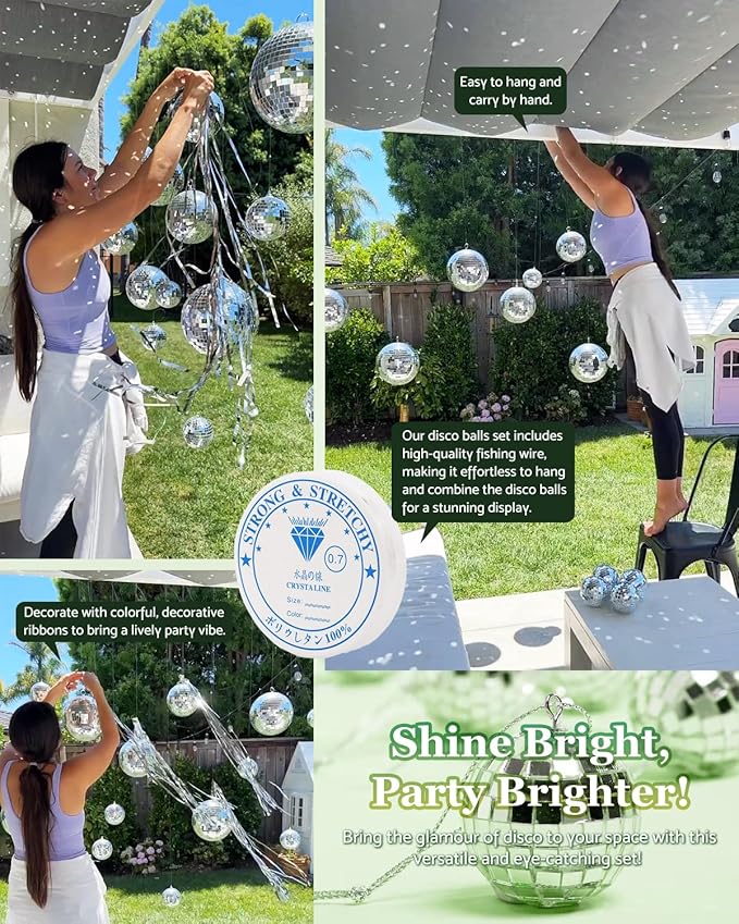 54PCS Mirror Disco Balls Set with 10m Fishing Line – Assorted Sizes Hanging Mini Silver Balls for Party, Wedding, Cake Toppers, Room & Classroom Decor