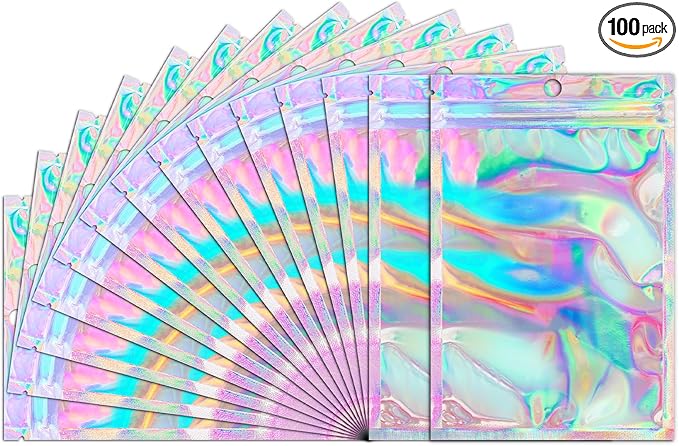 Funfery 100 Pack Smell Proof Holographic Bags Clear Resealable Bags,Mylar Foil Bag with Zipper,Sealing Pouch Packaging Bag for Food Storage,Candy,Party Favor Sample Business Supplies(4.7x7in)