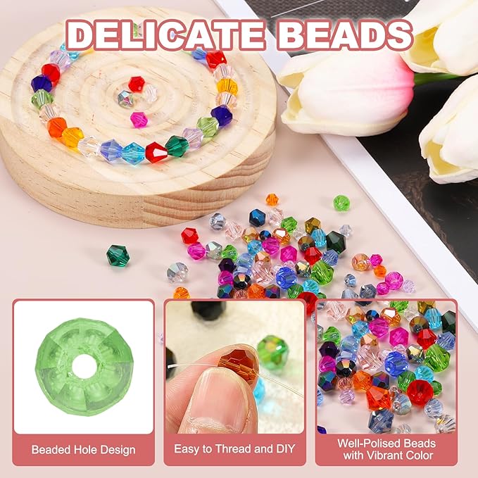 PATIKIL 1000pcs 4mm Bicone Glass Crystal Beads, Faceted Glass Spacer Beads with Box for Jewelry Making Bracelet Necklace Earrings DIY Suncatcher Craft, Light Green