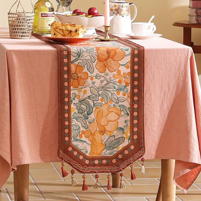 Designer Vintage Floral Printed Table Runner,French Soft Linen Farmhouse Table Runners 87 Inches Long,Italian Decor Tabletop for Kitchen,Dining,Party,Home,Christmas,12"*87"